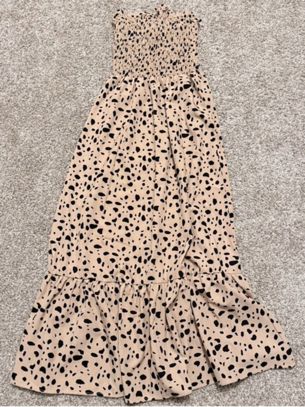 Women’s Beige Smocked Maxi Skirt with Black Spot Print